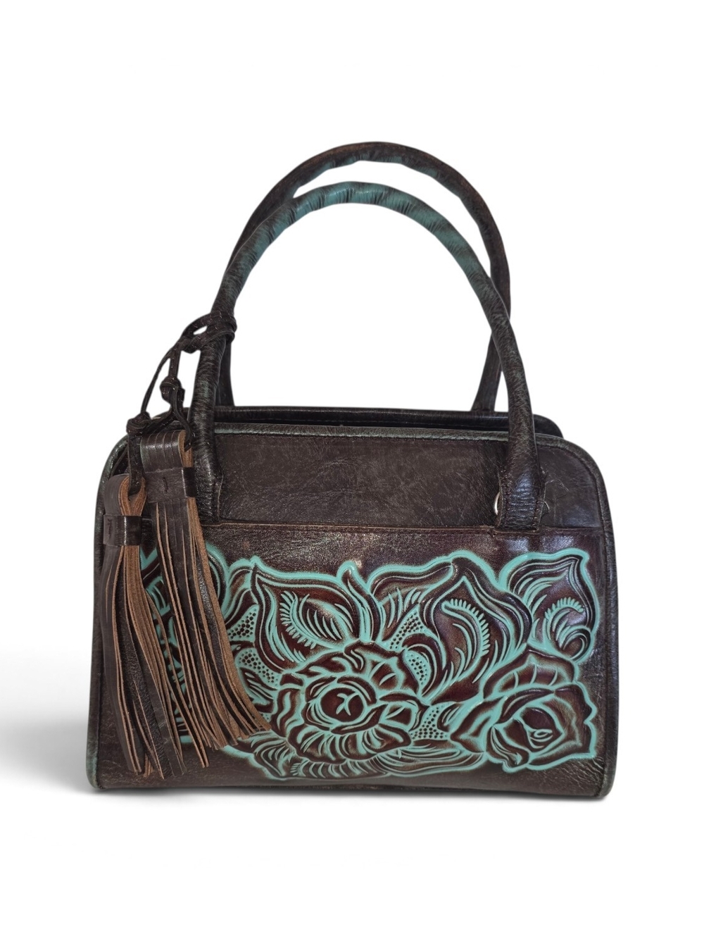 Patricia Nash Brown Leather Tote with Turquoise Floral Tooled Design